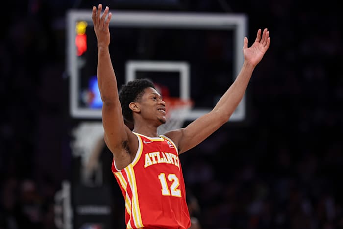 Atlanta Hawks forward De'Andre Hunter reacts to made shot.